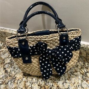 Loft Woven Straw Tote with Navy Polka Dot Bow and Glossy Handles CLEAN-no damage
